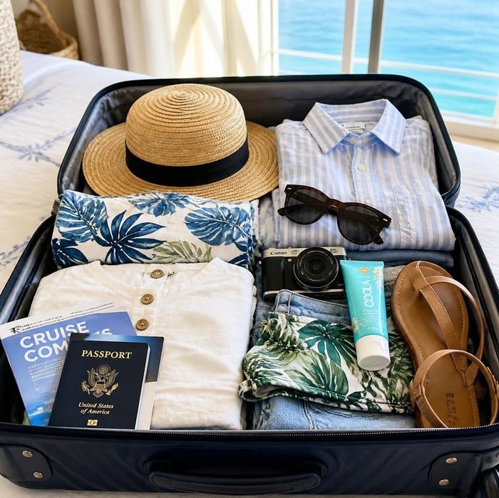 Packed suitcase with cruise essentials
